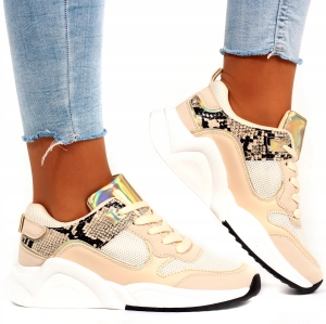 Beżowe damskie sneakersy na grubej podeszwie ze złotymi detalami Amelia