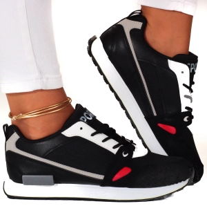 Czarne damskie sneakersy na białej podeszwie z czerwonymi detalami Lucy