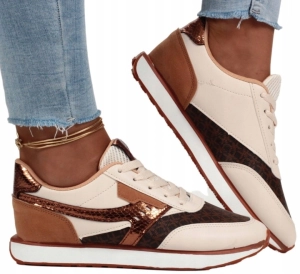 Beżowo-brązowe damskie sneakersy ze złotymi detalami Emma
