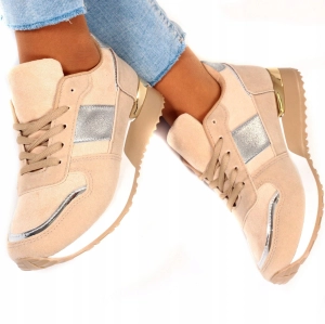 Beżowe damskie sneakersy na grubej podeszwie ze srebrnymi detalami Molly
