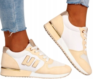 Biało-beżowe damskie sneakersy ze złotymi detalami Nora