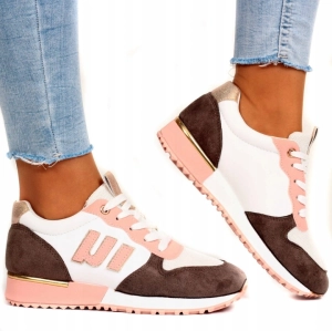 Biało-brązowe damskie sneakersy z różowymi i złotymi detalami Ella
