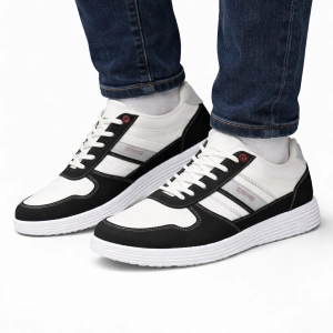 Męskie biało-czarne sneakersy sportowe sznurowane z czerwonymi detalami Leo